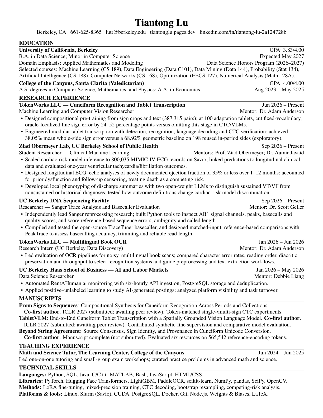 Preview of Tiantong Lu’s one-page research CV. Open the PDF for selectable text and full-size reading.